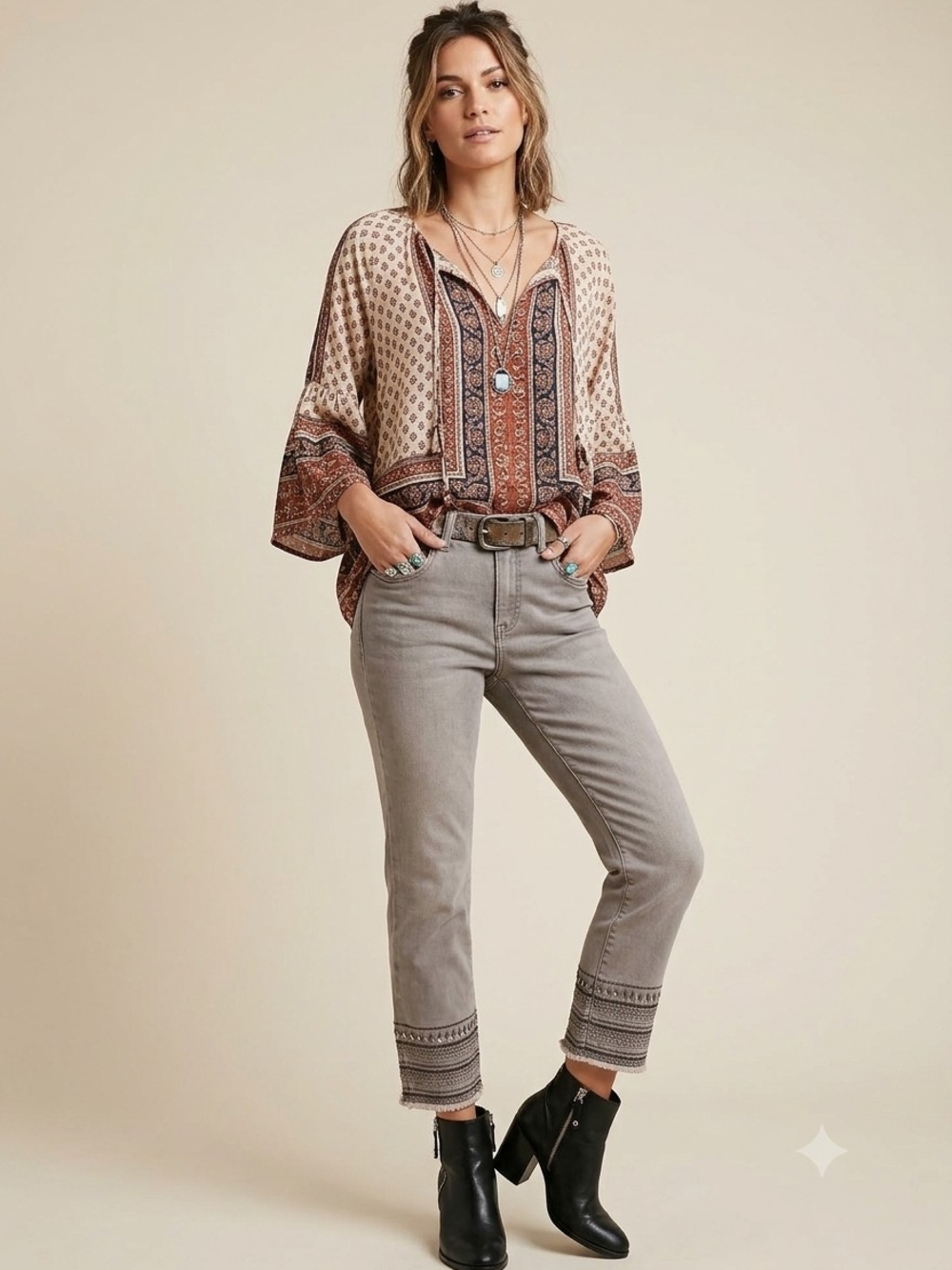 FDJ💖Cropped Embroidered/Sequin Hem Ankle Jeans in Light Washed Gray Sz 8